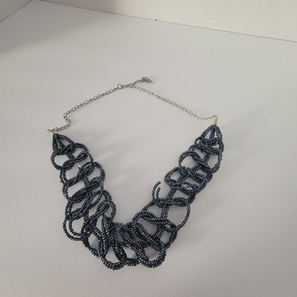 Gray Glass Seed Bead Bib Statement Necklace 24 In Multi Strand Lobster